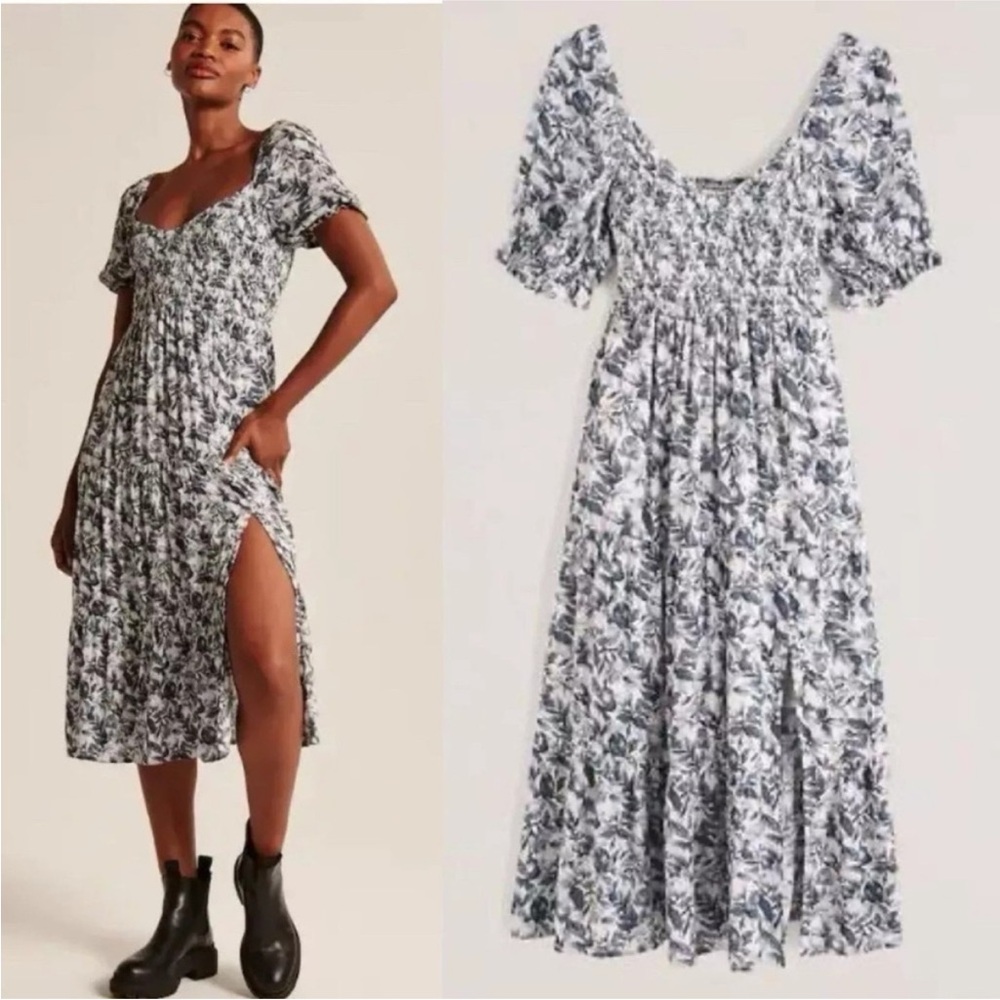 Abercrombie & Fitch Navy and White Smocked Bodice Floral Puff Sleeve midi Dress